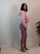 Snug-fitting leggings available in Black, Charcoal, and Dusty Rose, made from 95% cotton and 5% spandex for comfort and stretch. Model is 5'4" wearing a small. Dusty Rose