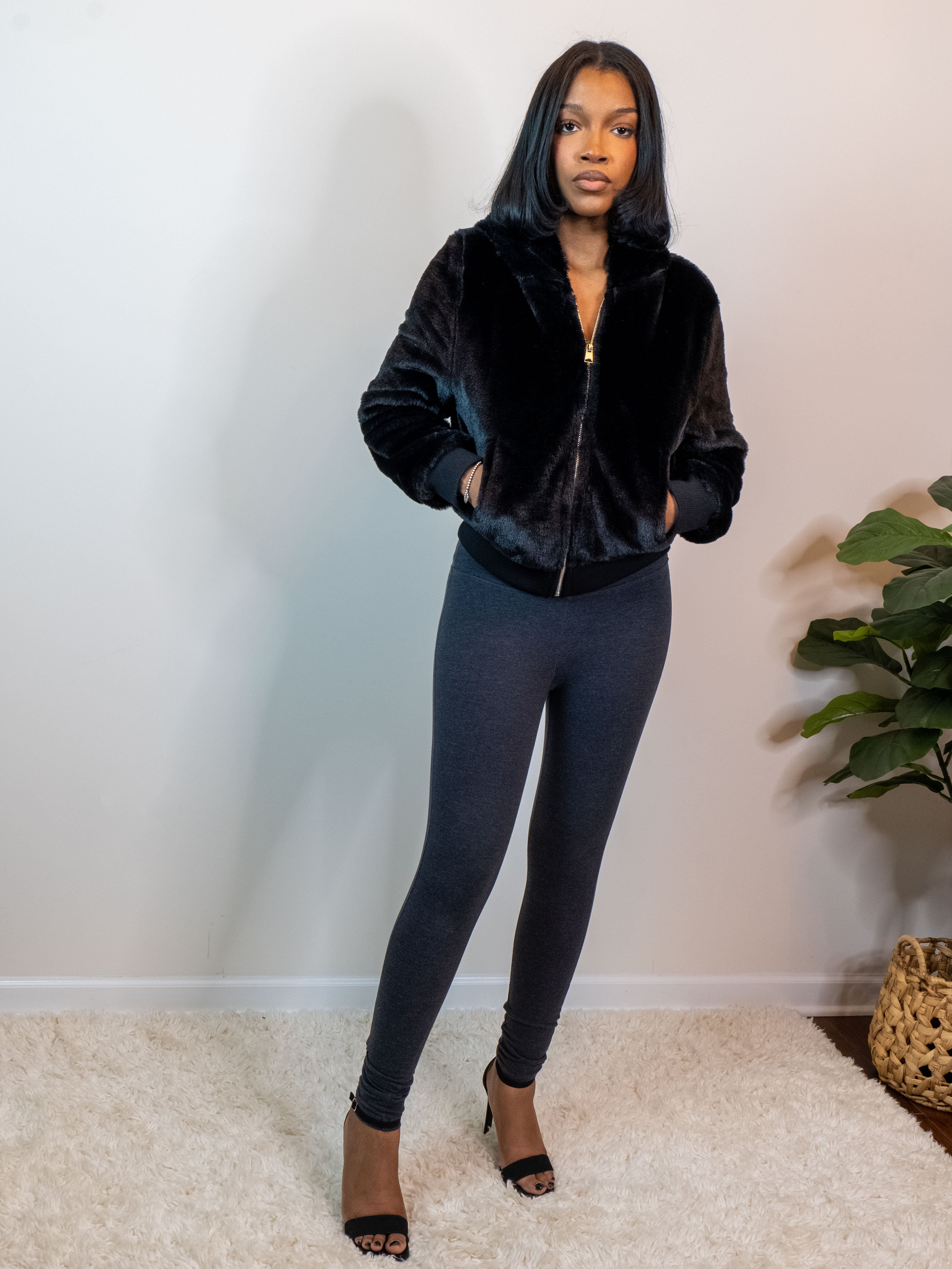 Snug-fitting leggings available in Black, Charcoal, and Dusty Rose, made from 95% cotton and 5% spandex for comfort and stretch. Model is 5'4" wearing a small. Charcoal 