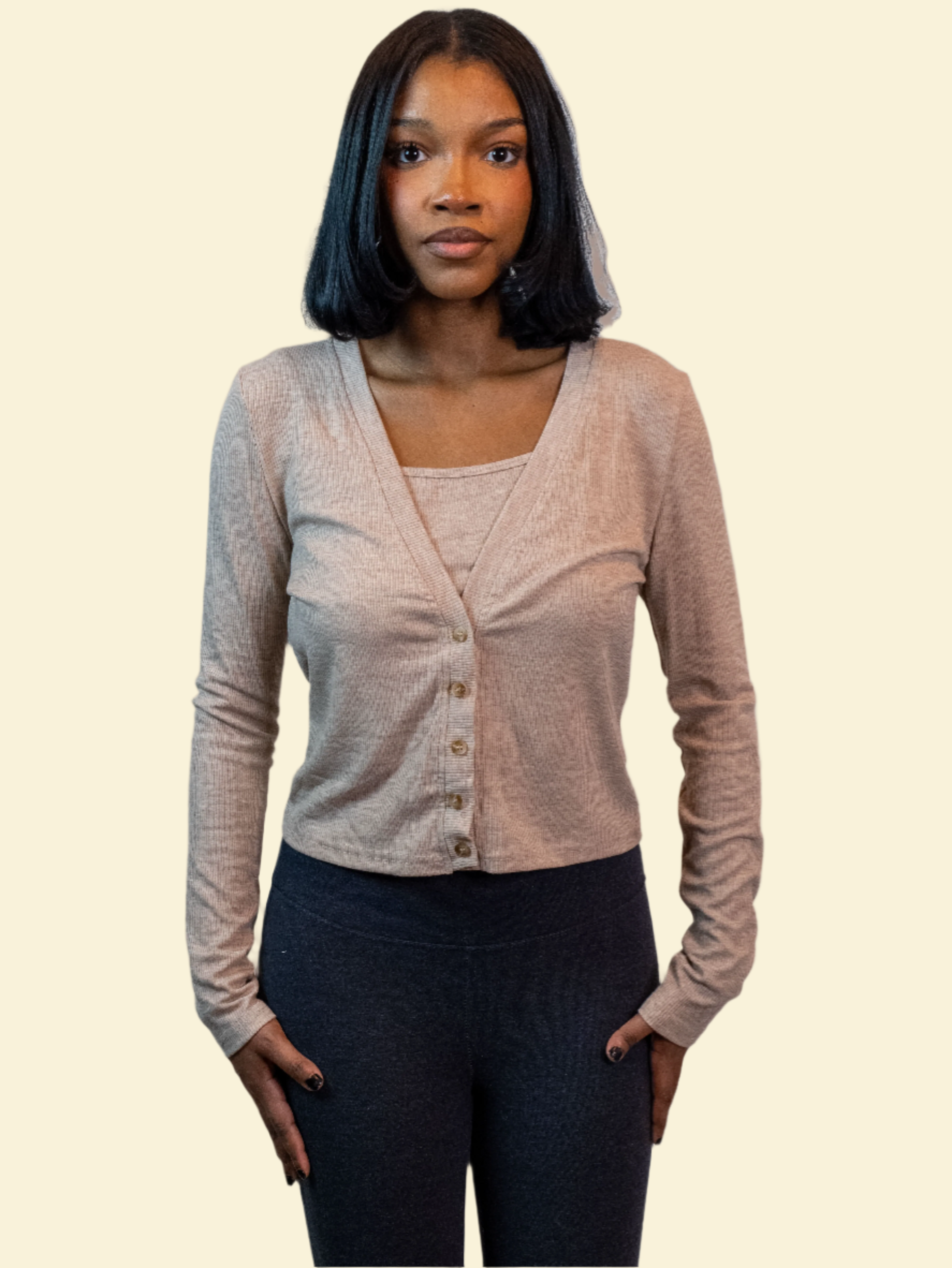 Ribbed crop tank and matching button-front long-sleeve cardigan set, soft and stretchy fabric for a comfortable, true-to-size fit.