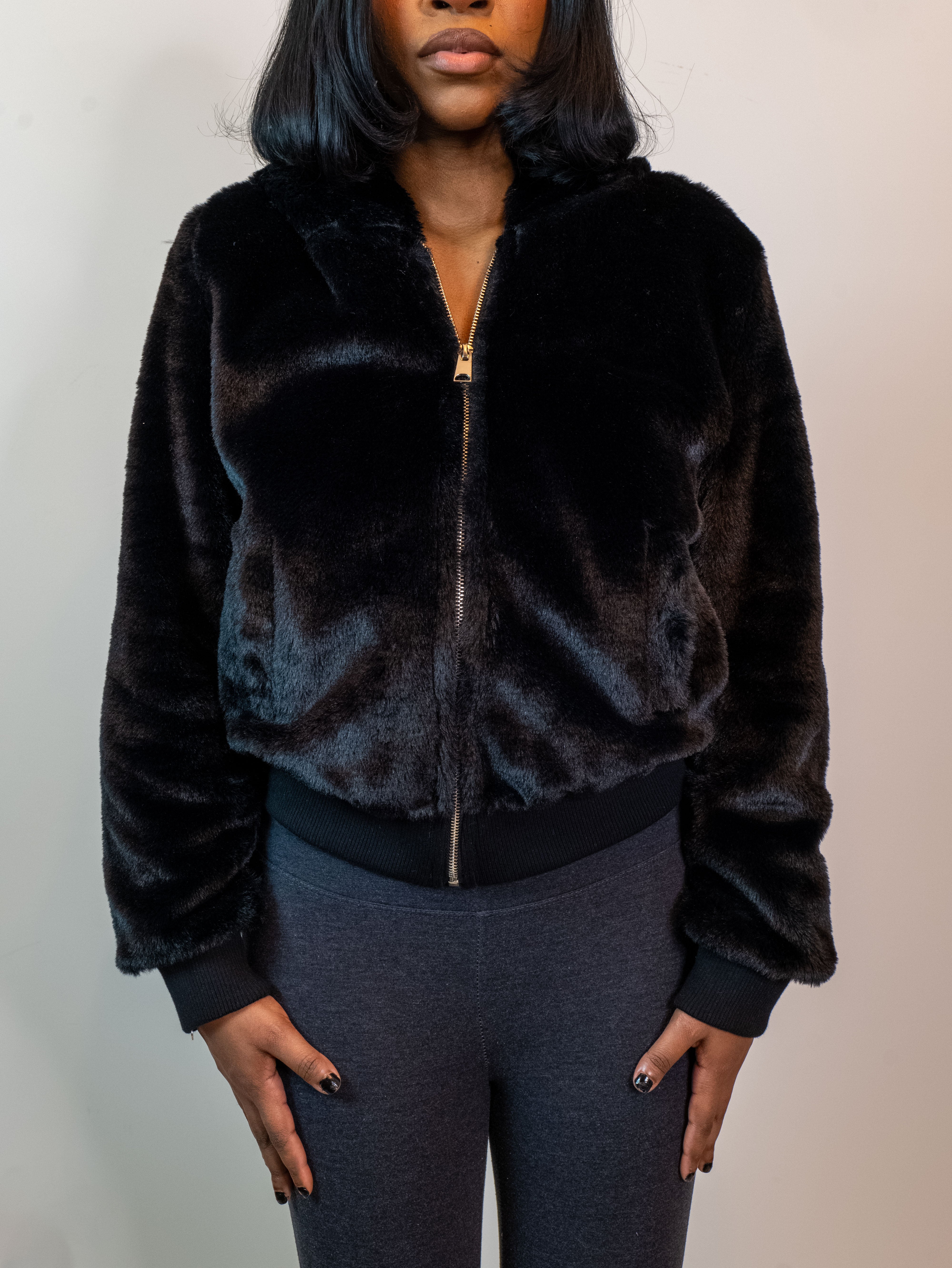 Black faux fur  hood jacket zipper front long sleeves with rib waistband cuffs